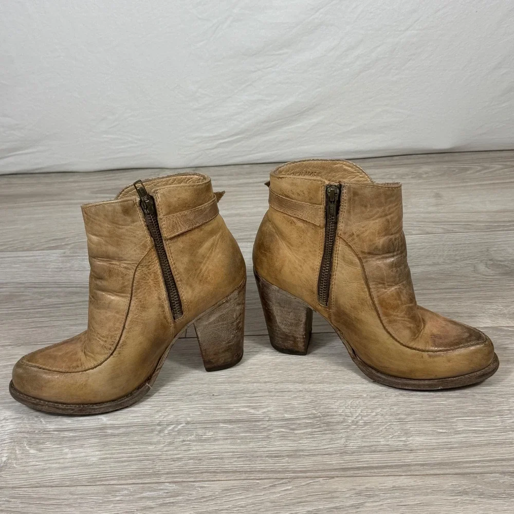 Bed‎ Stu Distressed Tan Isla Leather Ankle Boots Block Heel Side Zip 8078 Size 8